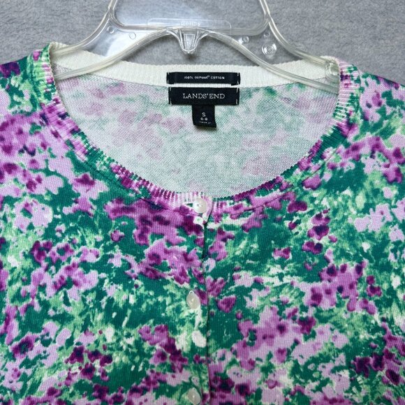 Lands End Women's S 6-8 Button Up Cardigan 100% Supima Cotton Pink Green Floral - Picture 3 of 10